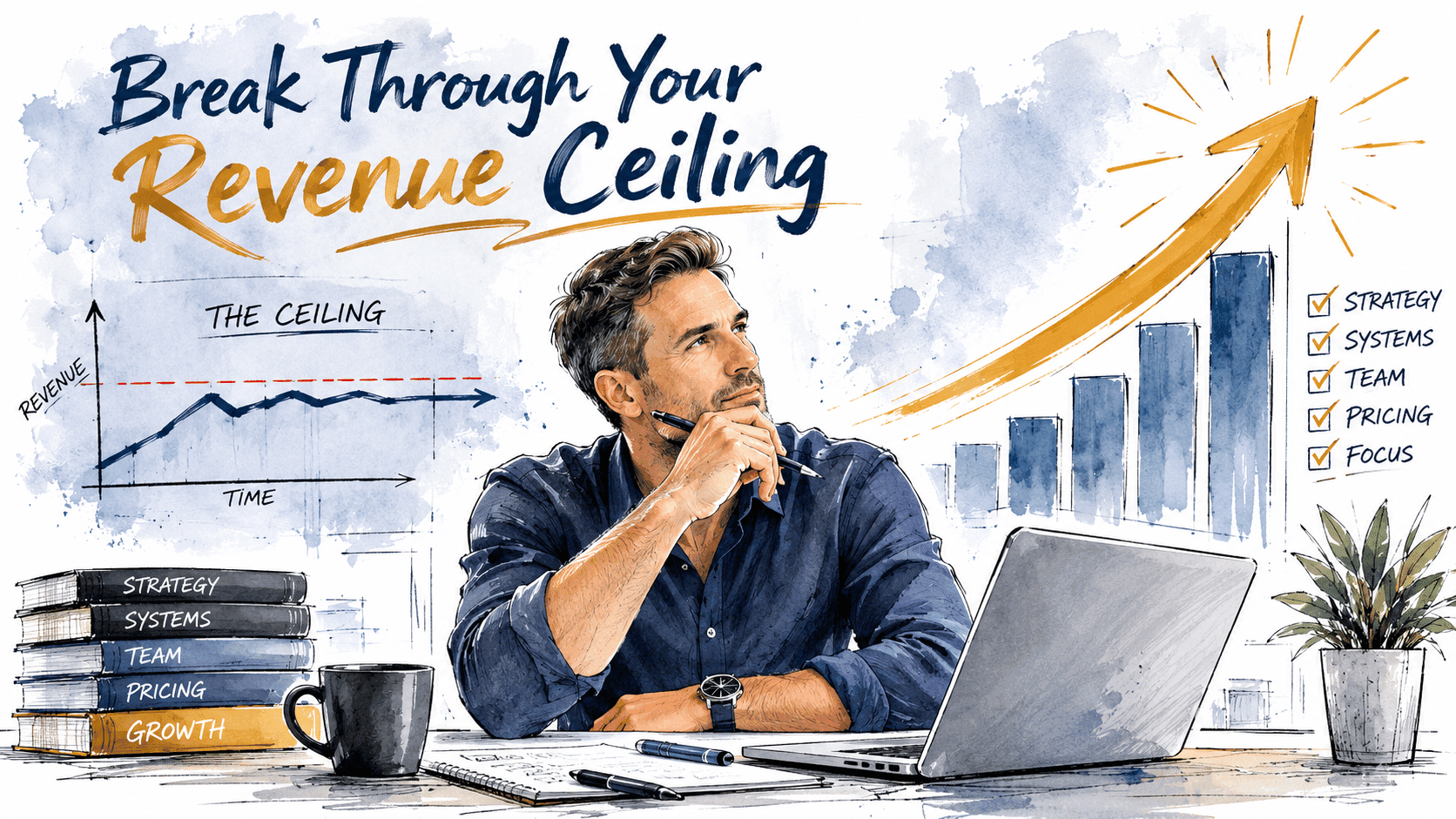 Business owner reviewing flat revenue figures at their desk - Revenue Ceiling